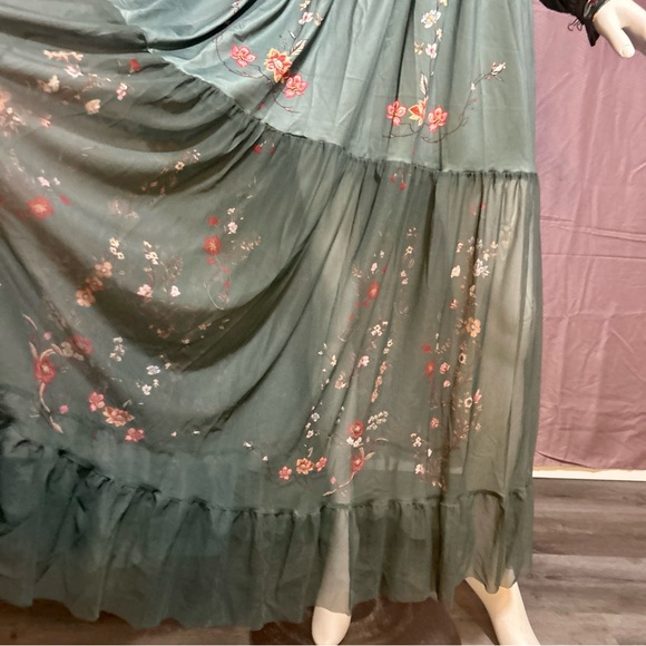 Green Floral Chiffon Maxi Dress  Boho Prairie Long Sleeve Elastic Waist Size: M - Picture 4 of 13